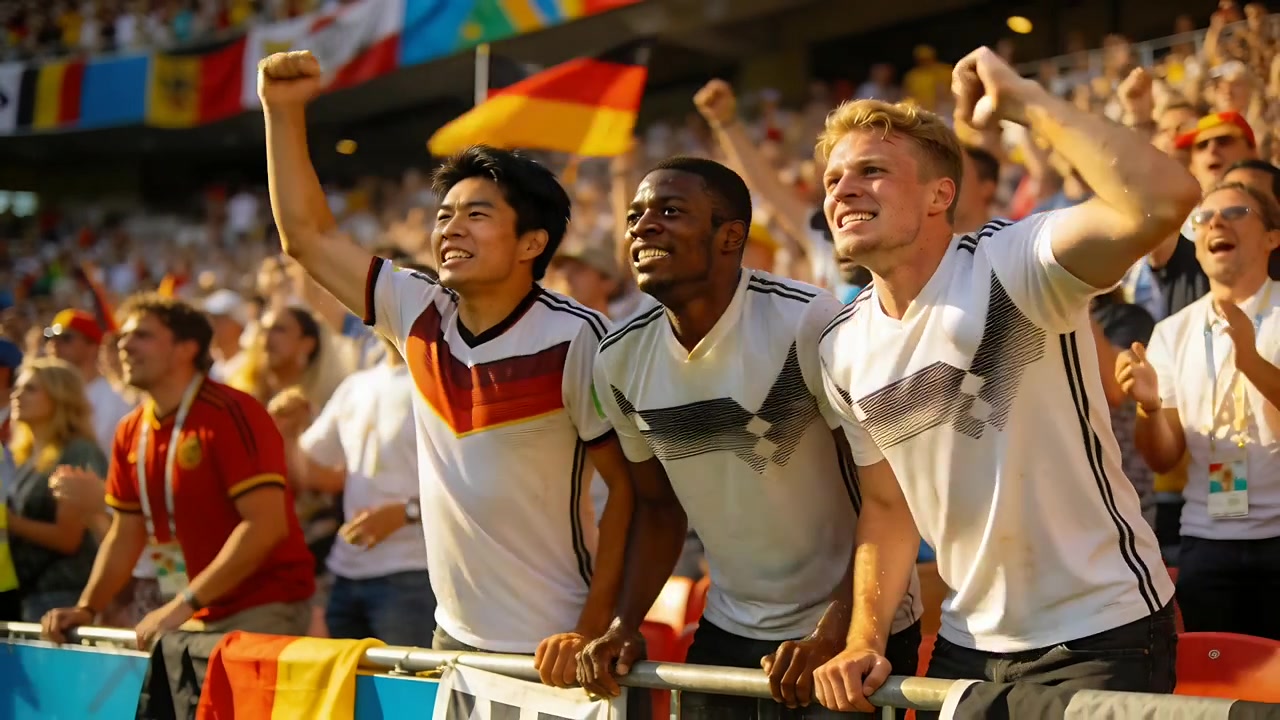 Tres aficionados animando, vistiendo camisetas blancas en la barandilla del estadio, reaccionando a un gol y agitando banderas.
