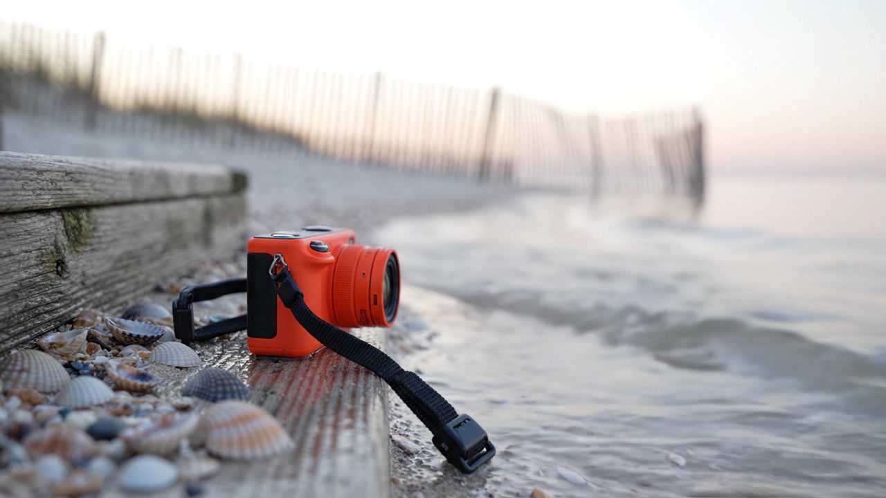 En livfull orange kamera bredvid milda vågor och snäckor i skymningen, som fångar essensen av lugn och naturlig skönhet vid strandkanten.