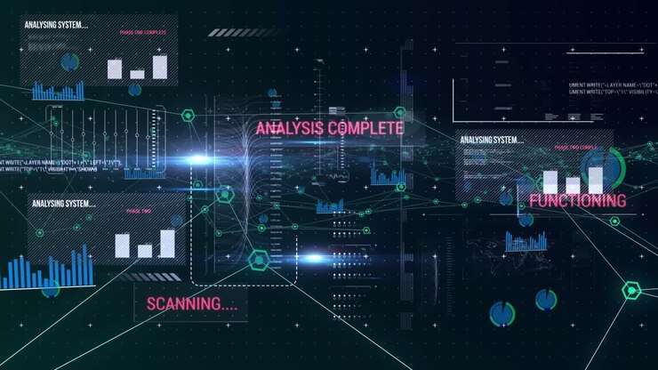 Animation of scanning and analysis over diverse data on black background