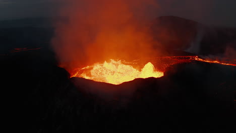 Fly-around-active-volcano.-Close-up-of-boiling-molten-magma-in-crater.-Power-of-nature.-Fagradalsfjall-volcano.-Iceland,-2021