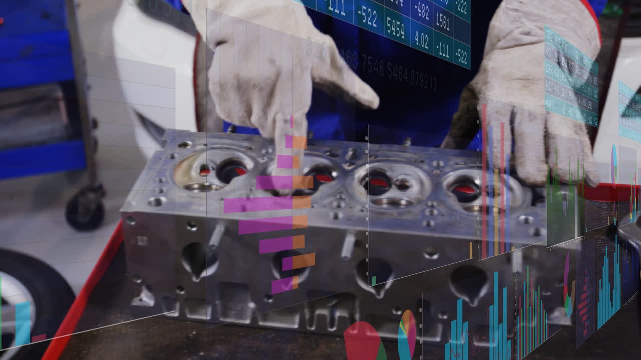 Automotive technician placing cylinder head inspecting and aligning head while charts overlay hands