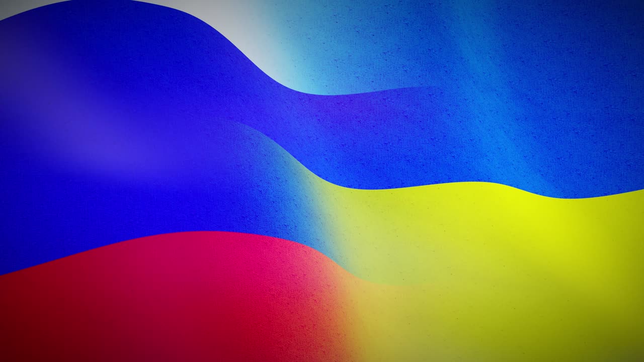 Russian federation tricolor and Ukraine flags depicts conflict between Kiev and moscow.