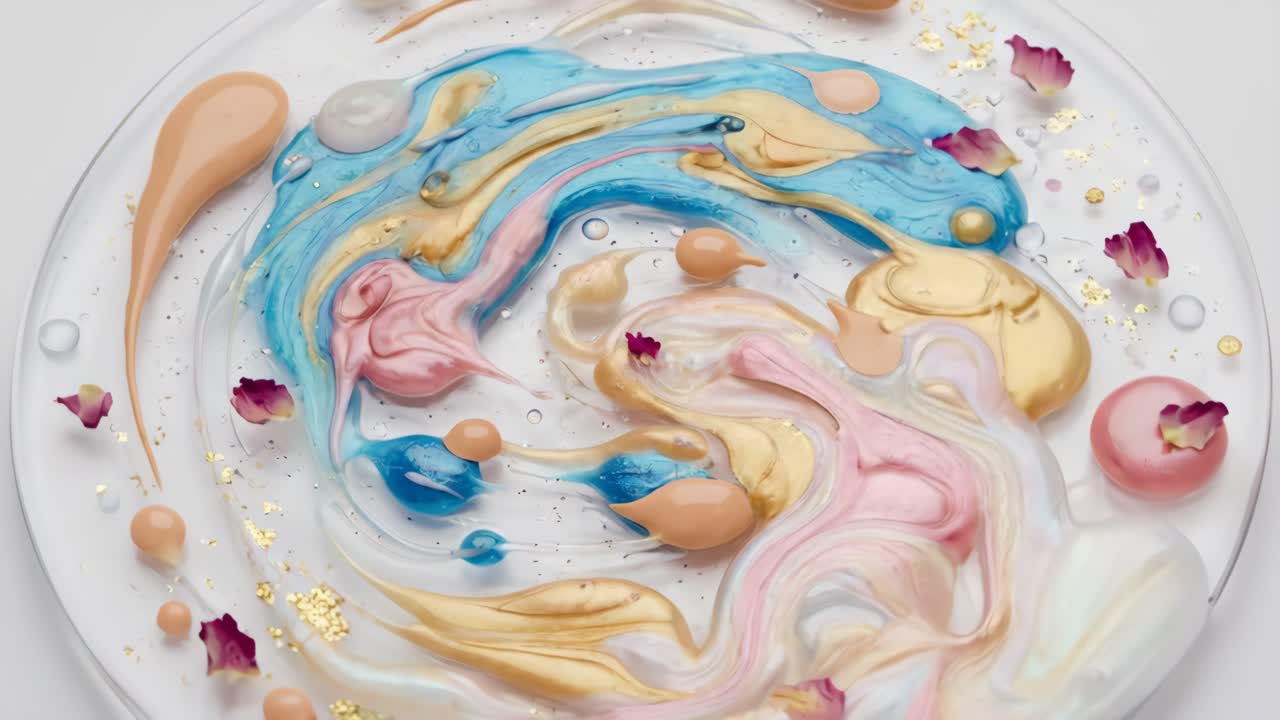 Remolino de líquidos cosméticos coloridos con pétalos de rosa y hojuelas de oro