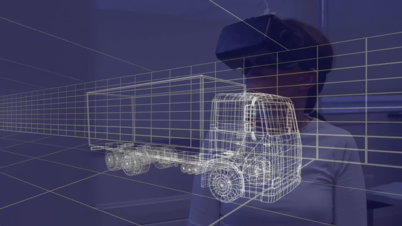 animación de un dibujo de coche en 3d sobre una mujer con auriculares vr