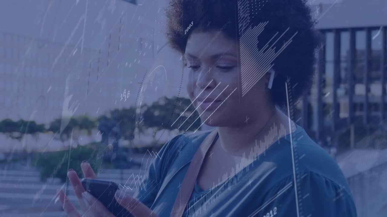 Adjusting earbud, woman raising phone and checking analytics, HUD charts responding to taps