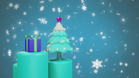 animación de árbol de navidad y galleta sobre la nieve que cae sobre fondo azul