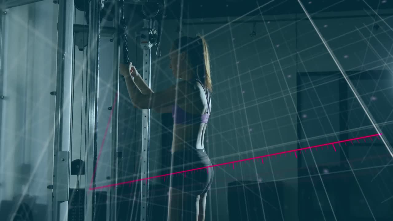 체육관에서 운동을 하는 아시아 여성 위에 있는 바 그래프에 있는 화살표의 애니메이션