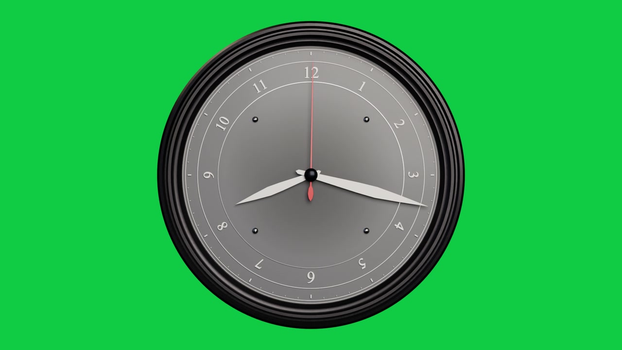 In riproduzione, orologio in scala, lancetta dei secondi rossa che scorre in senso orario, lancette delle ore e dei minuti che avanzano per mostrare l'ora su sfondo trasparente