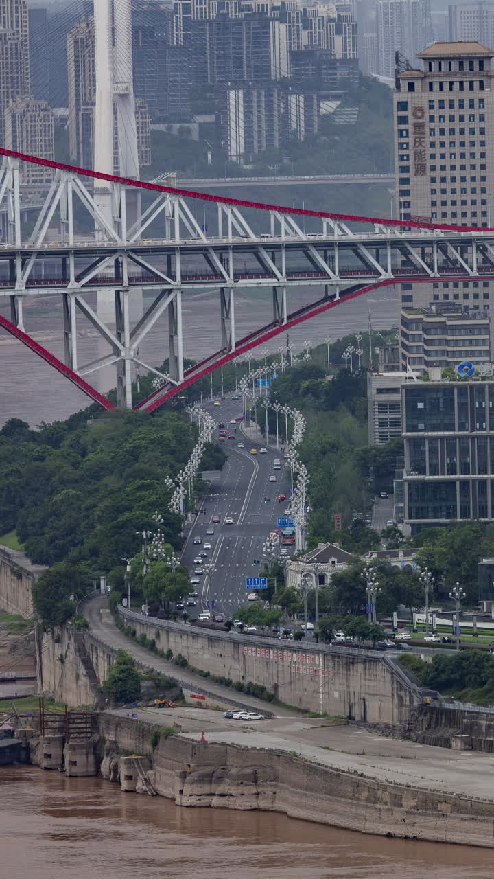 Timelapse of Chongqing street scene from a high vantage point in vertical