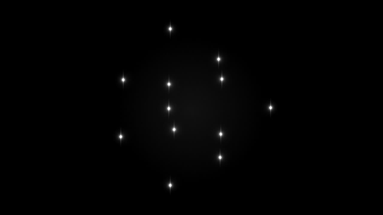 The chaotic movement of dots forming the ideal glowing red triangle, blue squares and orange seven-pointed star on black isolated background. The concept of perfectionism. Seamless loop 4k animation