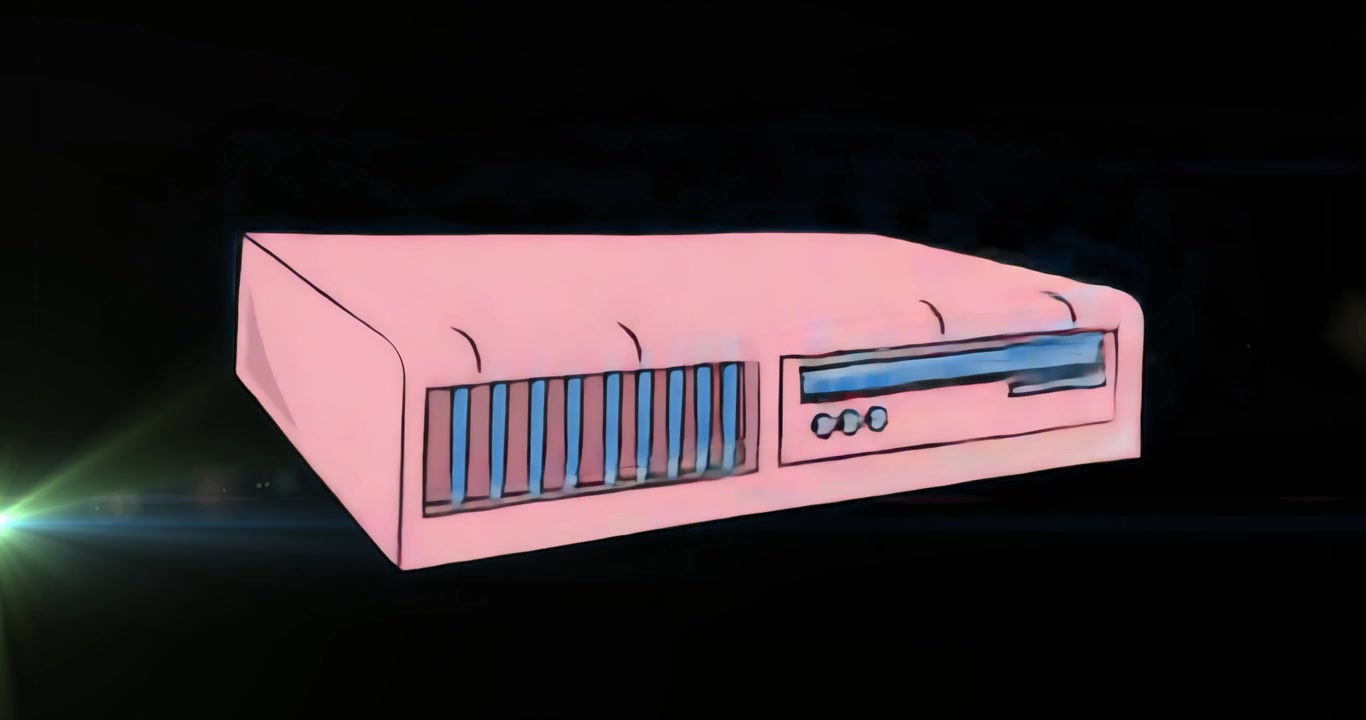 Un destello de lente pulsante inicia un reproductor multimedia rosa que extiende una bandeja azul y luego se retrae para el control de la ranura.