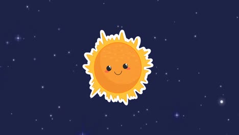 Animation-of-universe-with-smiling-glowing-sun-and-stars-on-blue-sky