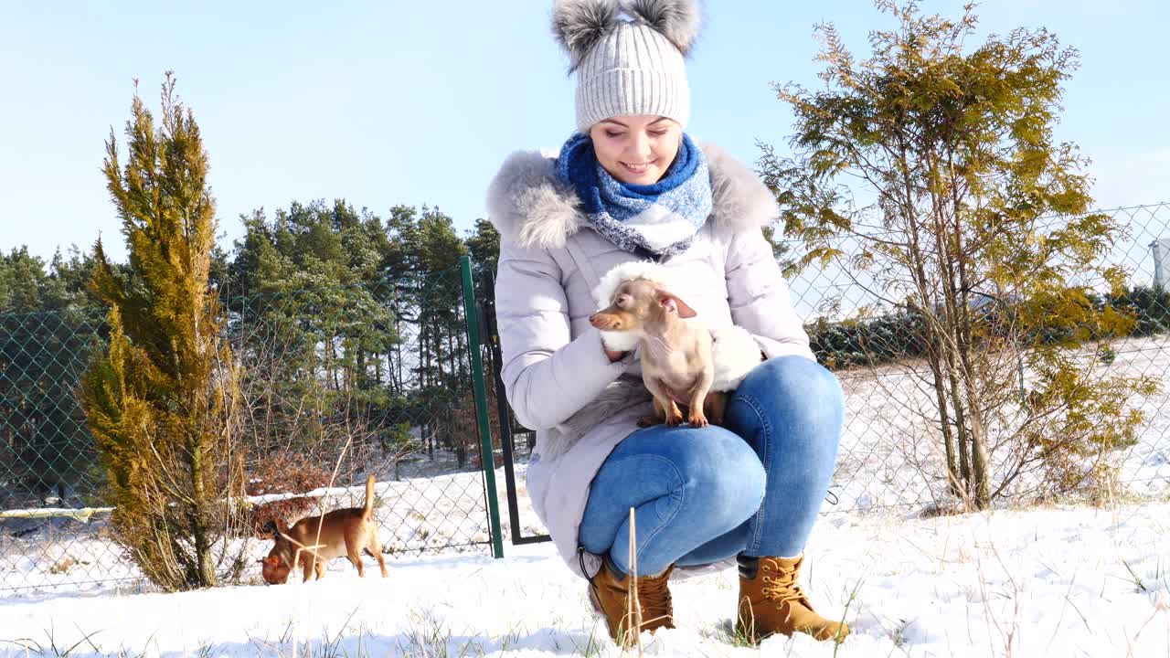 여자 는 겨울 밖 에서 작은 개 와 함께 놀고 있다