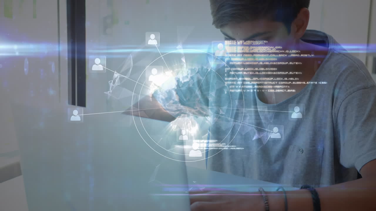 animación del globo con iconos y procesamiento de datos sobre un estudiante caucásico en la escuela