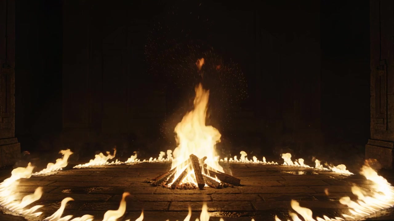 Encendiendo una pirámide de troncos que provoca un fuego central que se eleva en una alta columna sobre un suelo de piedra, con un anillo de llamas.