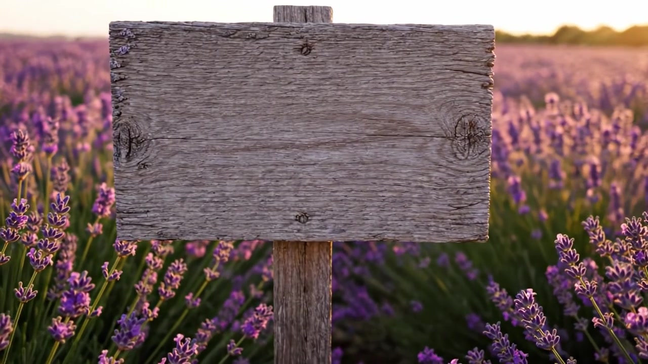 Un Sereno Campo de Lavanda con un Cartel de Madera Desgastado Entre Impresionantes Flores Moradas, Capturando la Belleza de la Naturaleza bajo la Luz Dorada del Amanecer