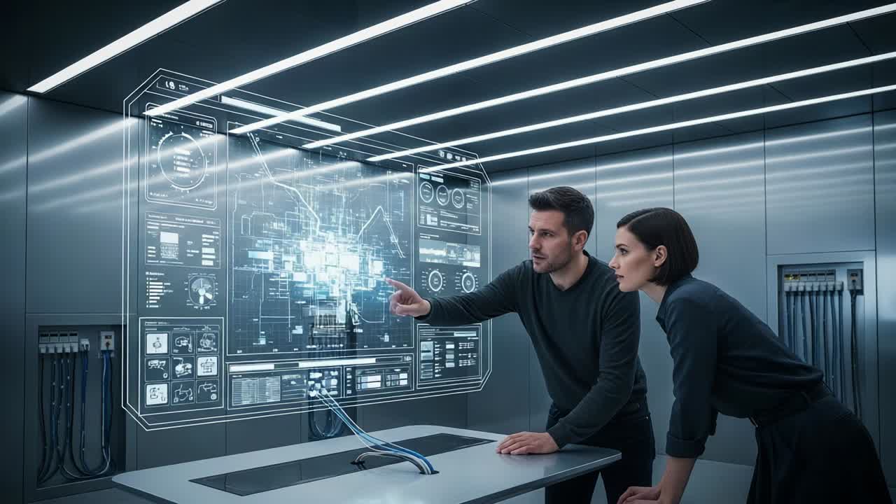Two professionals analyze complex data sets and digital interfaces in a futuristic workspace, highlighting collaborative efforts, technology integration, and problem-solving strategies for enhanced decision-making processes