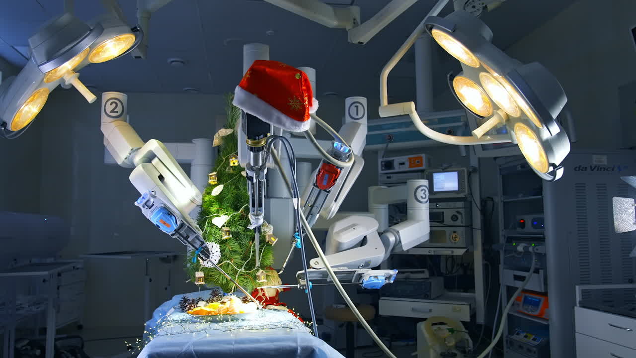 Medical robot putting lights on the fir-tree. Surgical room in hospital with robotic technology equipment. Christmas tree and decorations in the surgery.