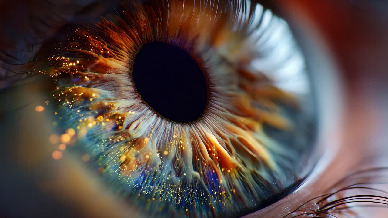 Captivating Close-Up of an Intricate Eye with Vibrant Iridescence and Sparkling Particles, Showcasing Nature's Artwork in Stunning Detail and Colors