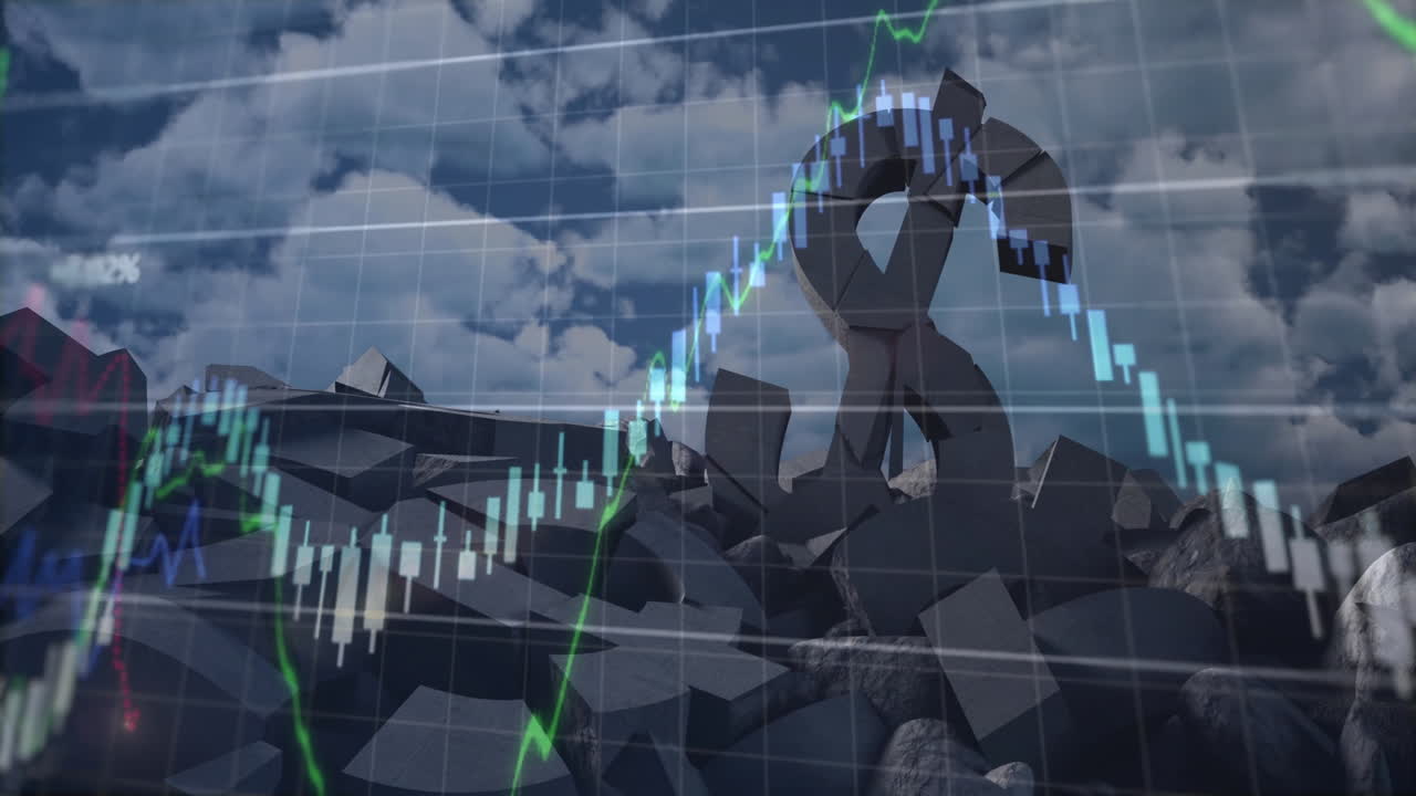 animación del procesamiento de datos financieros sobre el símbolo del dólar y el cielo con nubes