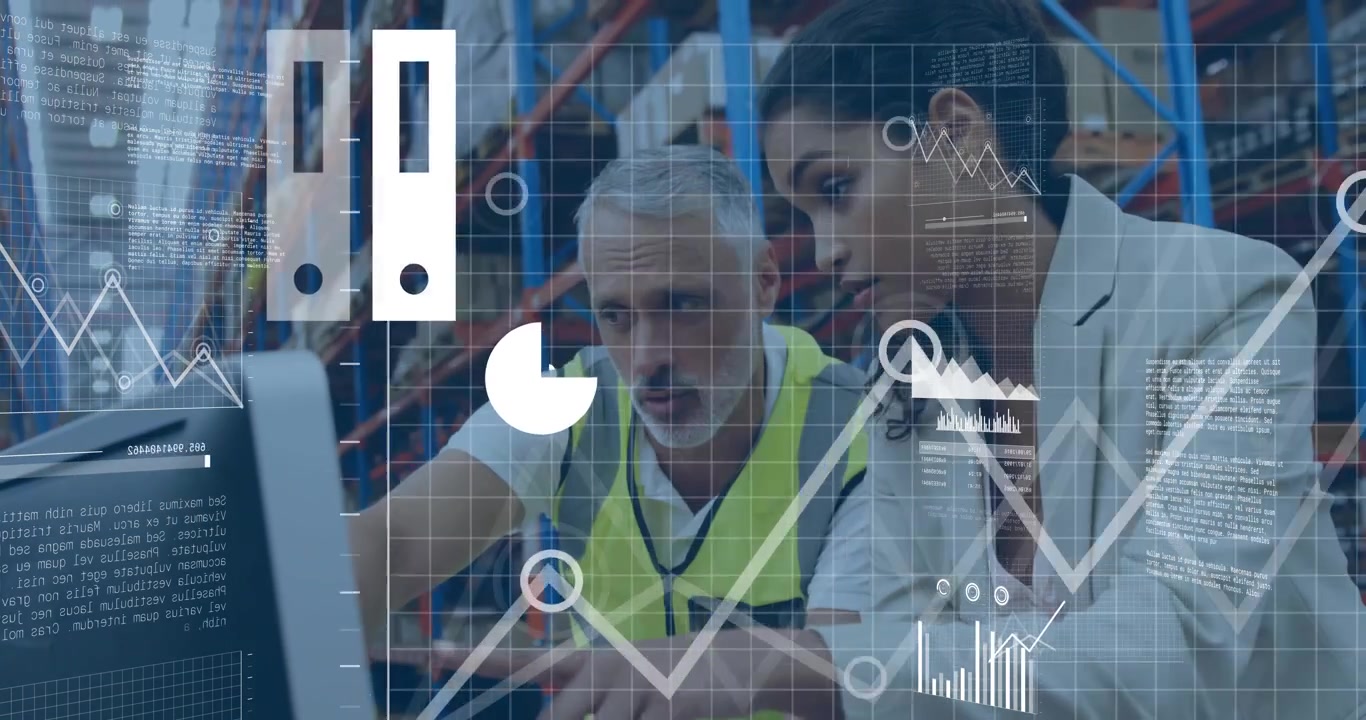 Video verticale: Operaio di magazzino che indica e avvia l'HUD, grafici in crescita mentre il responsabile controlla le operazioni