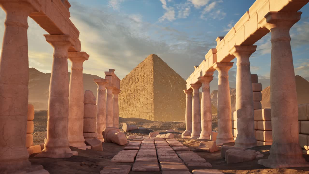 Ancient path to Egyptian Pyramids on arid desert environment on sunset, with stones, pillars, and ruined walls, 3D animation pass through