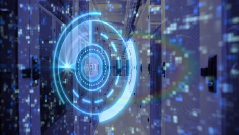 digital data processing animation over servers in modern data center