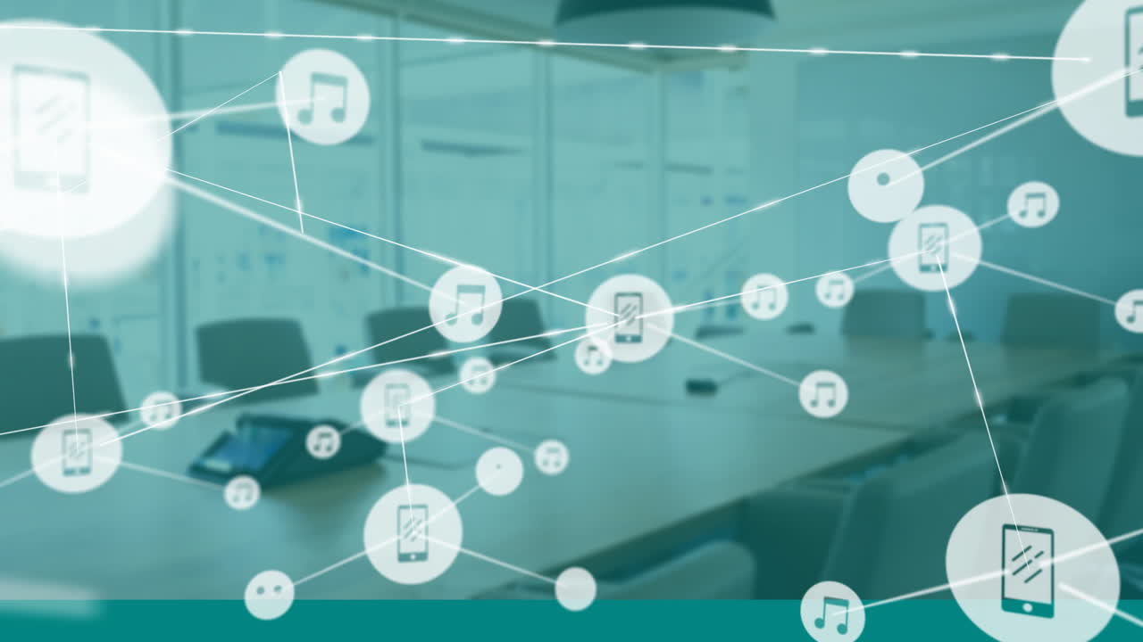 현대 사무실 회의실에서 재생되는 음악 스트리밍 네트워크 애니메이션