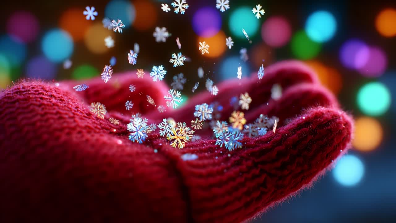 A Cozy Red Mitten Captures Delicate Snowflakes as They Cascade Gently from the Air, Creating a Magical Scene Against a Colorful Bokeh Background, Perfect for Winter Wonderland Imagery