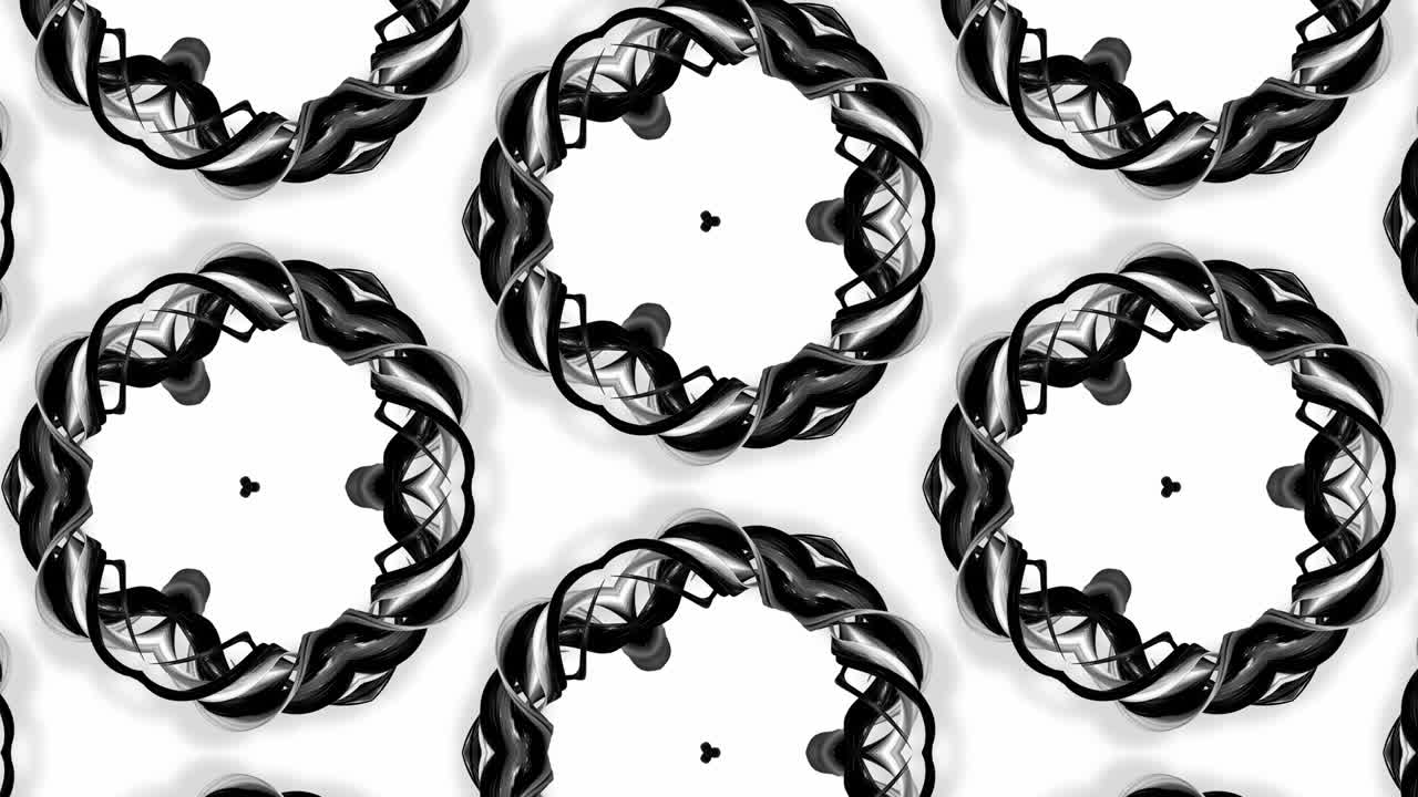 animación en bucle sin costuras de 4k de patrón en blanco y negro con cintas son retorcidas y forman estructuras complejas como patrón de adorno simétrico o efecto caleidoscópico
