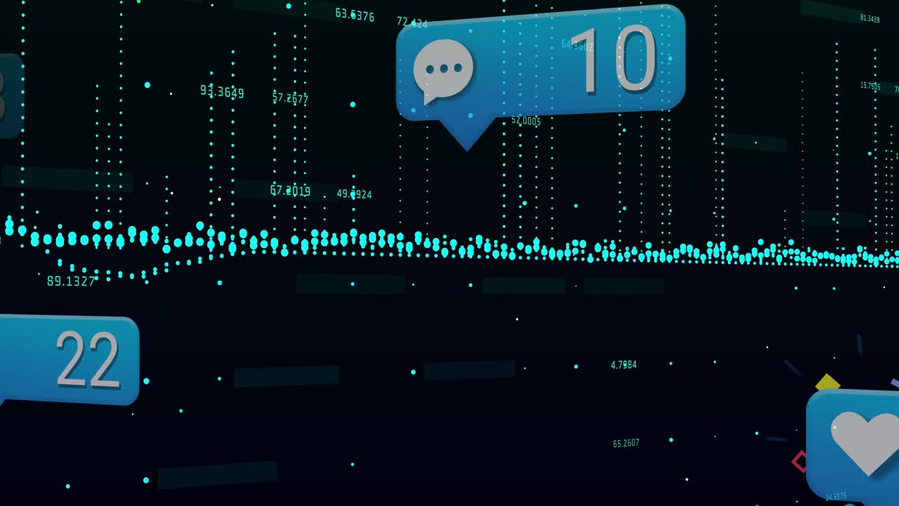 Teal band flowing across navy field, blue icon bubbles emerging on engagement, highlighting peaks