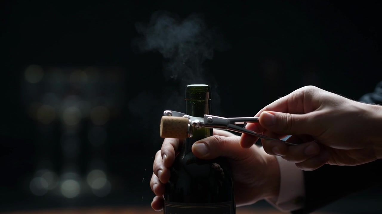Sommelier che apre una bottiglia di champagne con un cavatappi