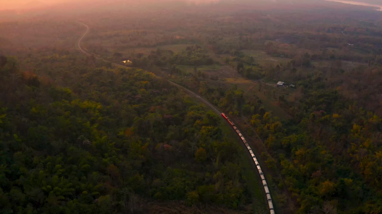 The train runs on tracks amid a beautiful green forest.