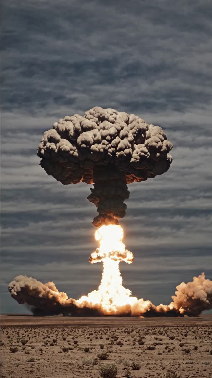 A dramatic, low-angle shot of a mushroom cloud explosion, capturing the intense energy and scale