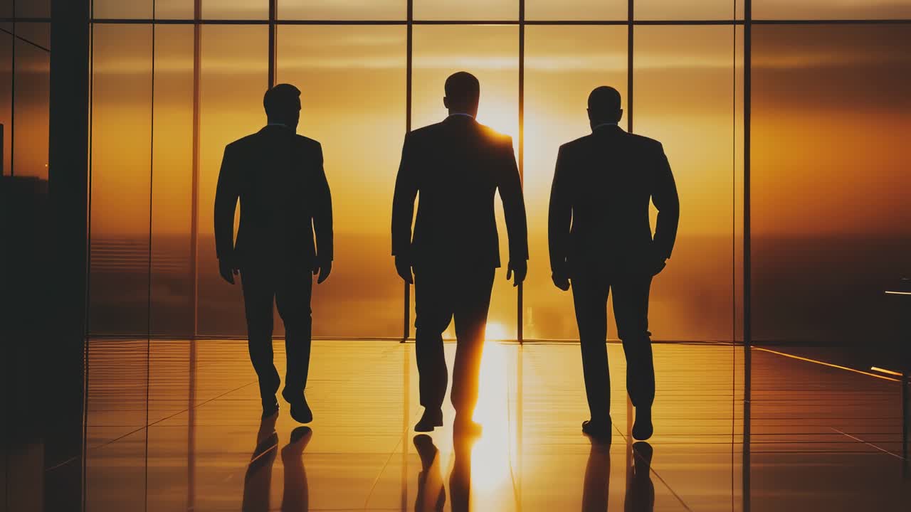 Professional businessmen silhouetted against golden sunrise, walking near expansive windows, representing corporate teamwork and ambitious workplace dynamics in contemporary office setting