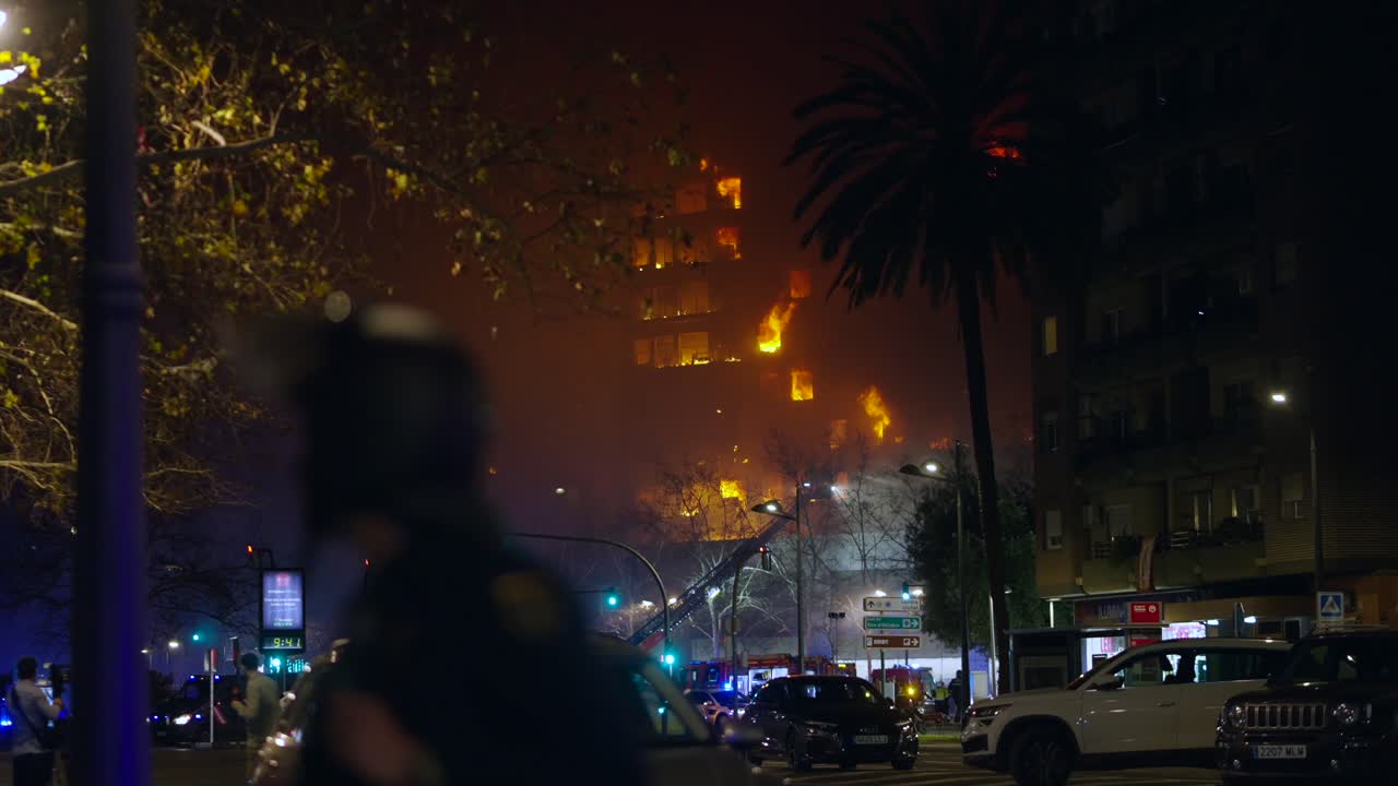 Nighttime Building Fire in Urban Area