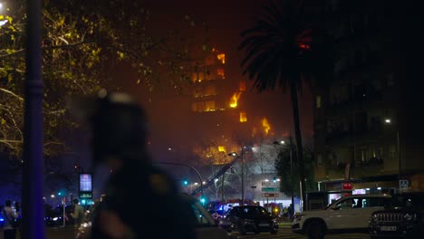 nighttime building fire in urban area