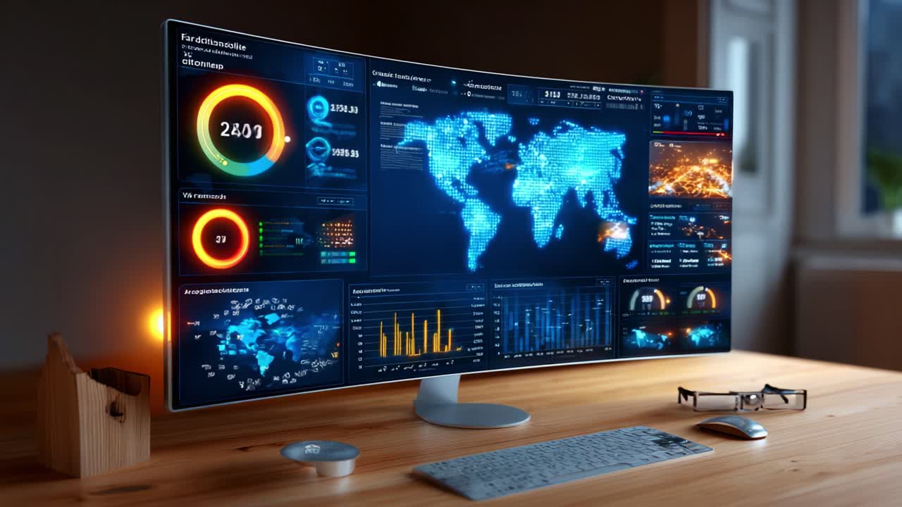 Advanced Data Visualization Displaying Global Statistics and Metrics on a Modern Curved Monitor, Capturing Real-Time Analytics for Informed Decision-Making