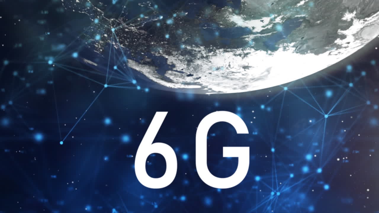 animación de texto de 6g sobre el globo y red de conexiones sobre fondo azul