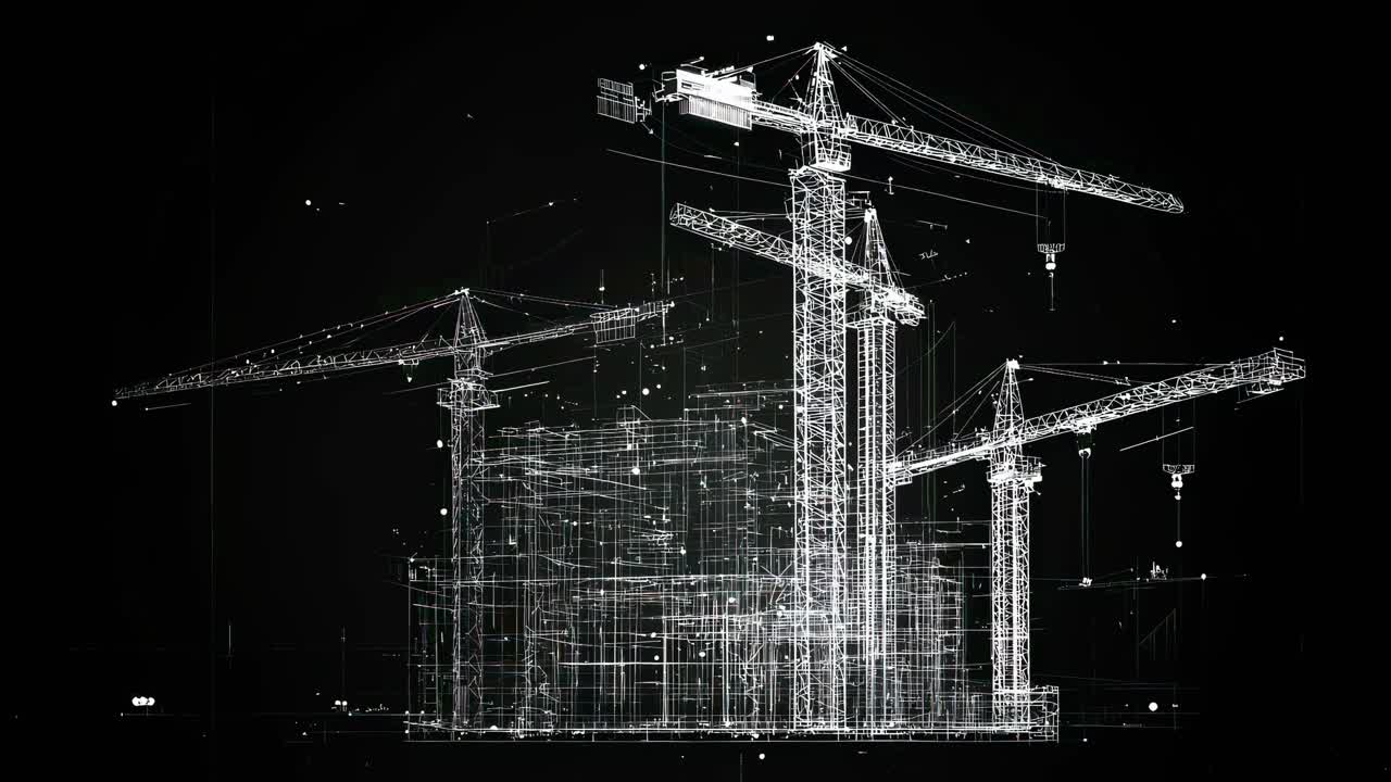 Digital wireframe of construction cranes, viewed from a low angle