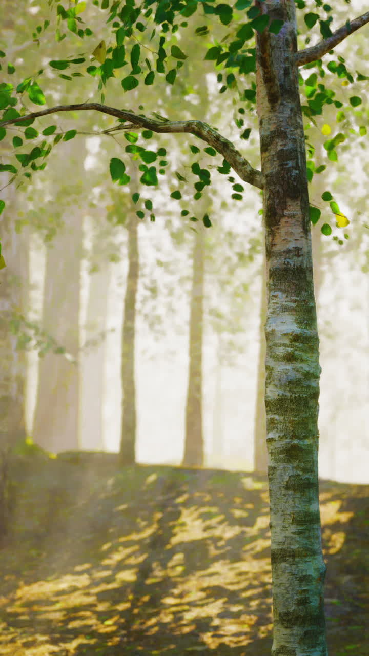 나무 를 통해 빛나는 빛 을 가진 안개 숲