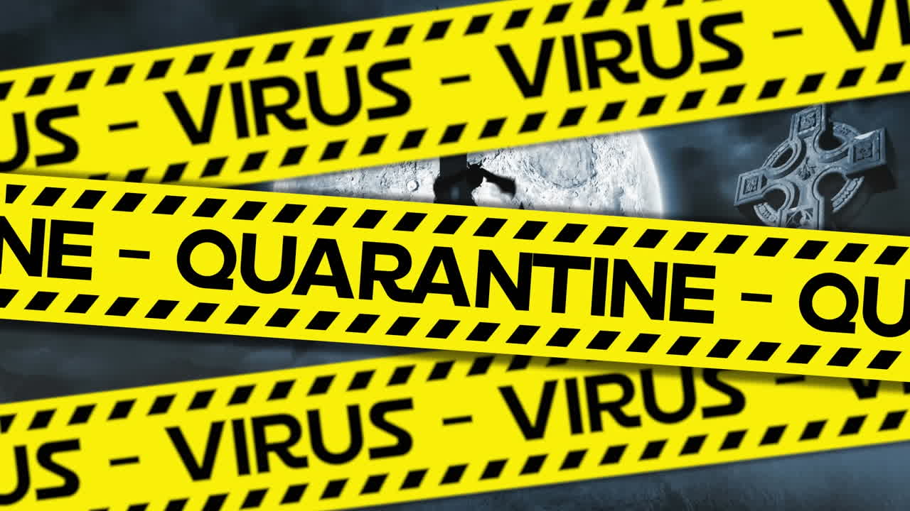 코로나19 세포 위의 노란 테이프에  ⁇ 린 코로나19 텍스트의 애니메이션