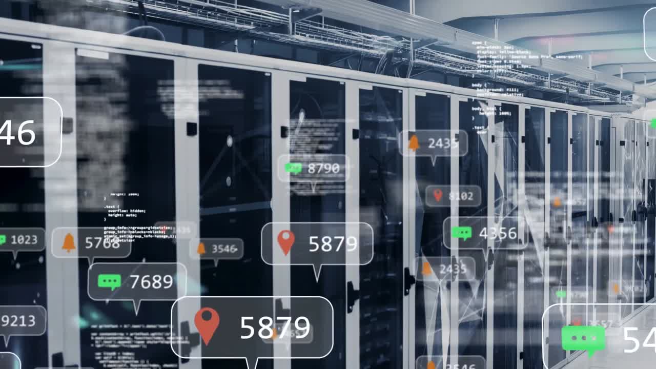 Animation of data processing and media icons over server room