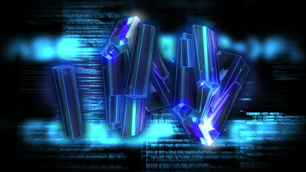 검은색 배경에 데이터 처리 위에 회전하는 반 ⁇ 이는 파란색 블록의 애니메이션