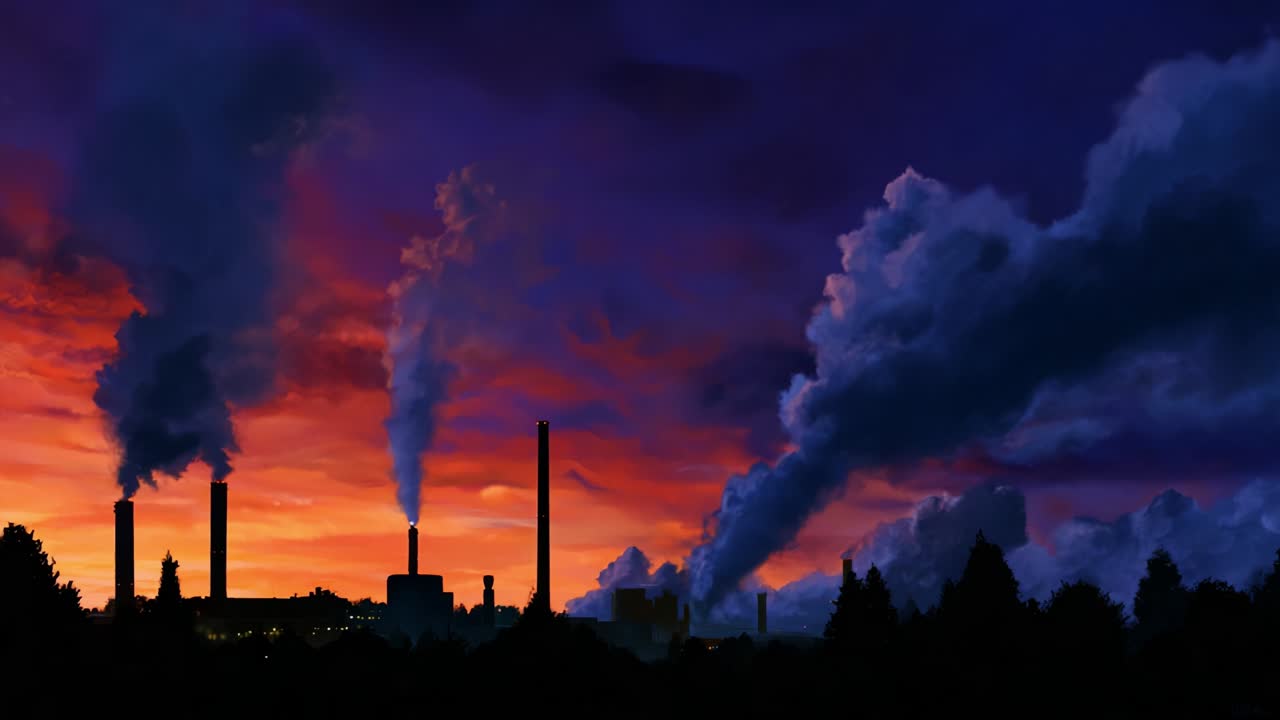 A breathtaking depiction of industrial smokestacks silhouetted against a vibrant sunset sky, featuring dramatic clouds and the contrasting colors of dusk, symbolizing the intersection of nature and industry