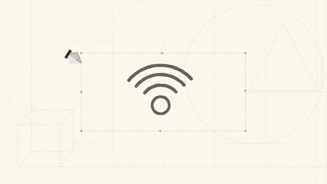 animación del cursor y los iconos digitales wifi flotando sobre la cuadrícula sobre un fondo blanco