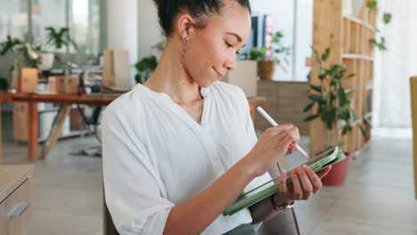 Black-woman,-tablet-and-working-in-office