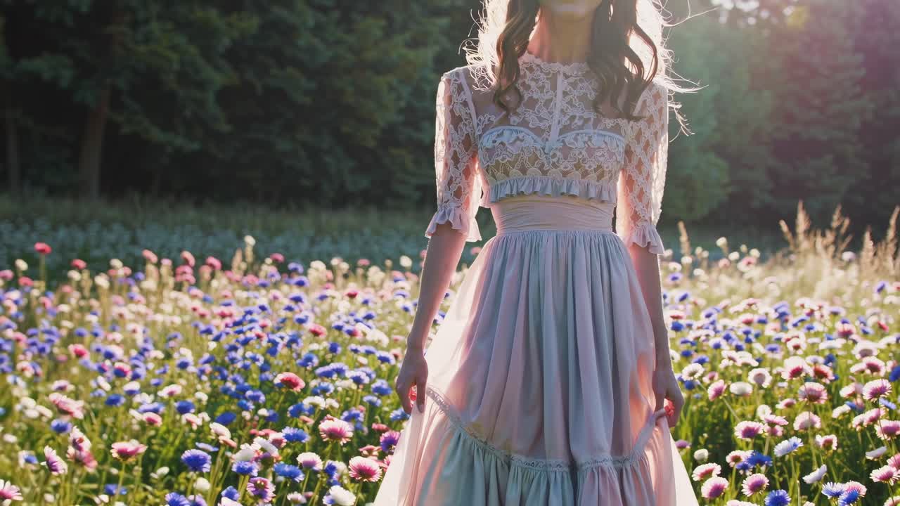 Uma mulher em um vestido vintage em um campo de flores colorido, filmada em ângulo baixo
