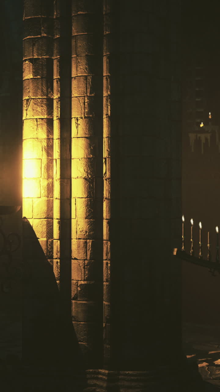 Mystical underground chamber illuminated by flickering candlelight in ruins