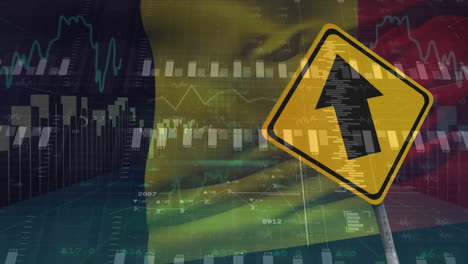 animación del procesamiento de datos financieros sobre la señal de tráfico y la bandera de bélgica